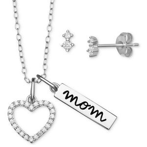 2pc Cubic Zirconia Heart Mom Pendant Necklace & Stud Earrings in Sterling Silver